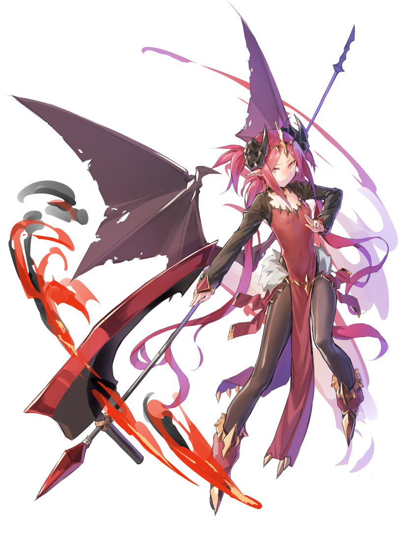 :/ absurdres black_legwear boots breasts commentary_request deluxe&lt;&lt;&lt; demon_girl demon_horns demon_wings diadem frown highres horns long_hair long_sleeves looking_at_viewer original outstretched_arm pantyhose pelvic_curtain pointy_ears polearm red_hair scar scar_across_eye simple_background small_breasts solo v-shaped_eyebrows weapon white_background wings yellow_eyes