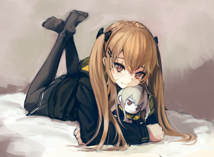 absurdres arm_support bangs bed_sheet black_legwear bow brown_eyes brown_hair character_doll commentary_request full_body girls_frontline hair_bow hair_ornament hairclip hara_shoutarou head_tilt highres hood hood_down hooded_jacket jacket legs_up long_hair long_sleeves looking_at_viewer lying no_shoes on_stomach pantyhose scar scar_across_eye skirt smile solo twintails ump45_(girls_frontline) ump9_(girls_frontline)