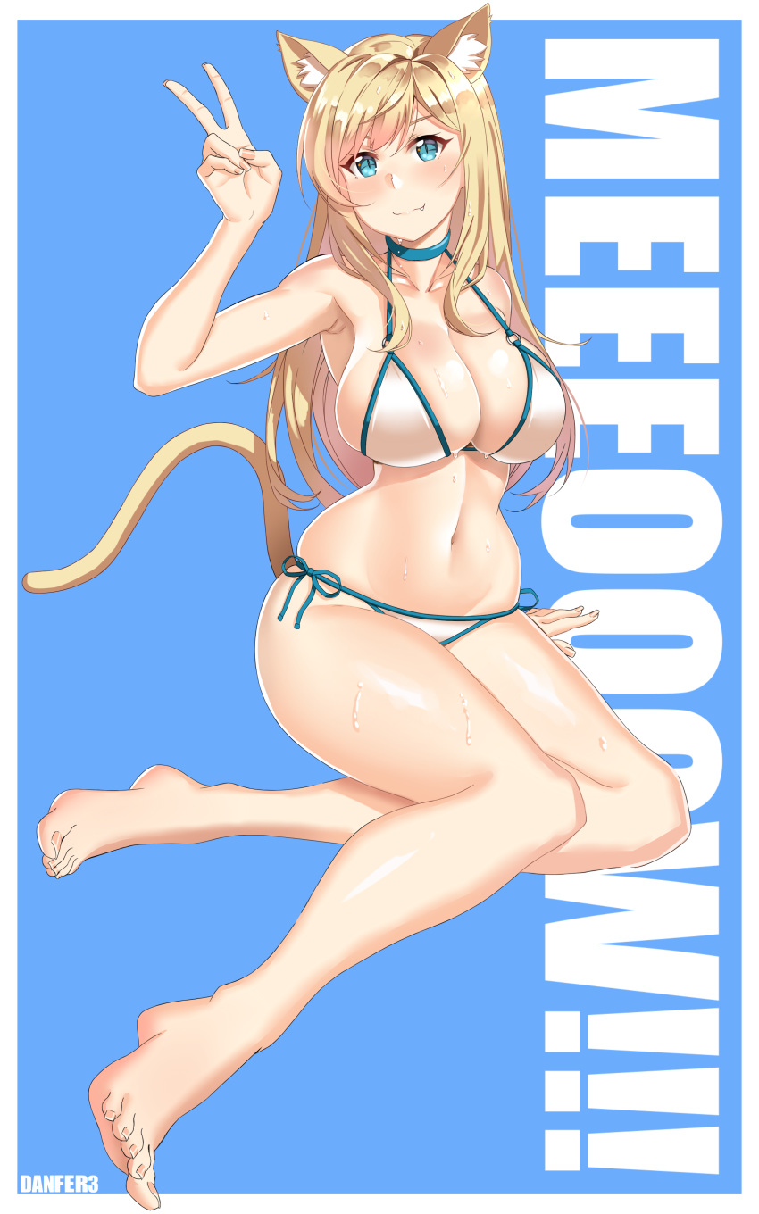 absurdres animal_ears barefoot bikini blonde_hair blue_eyes breasts choker danfer3 fang feet highres large_breasts legs looking_at_viewer original soles solo stomach swimsuit thighs toes v