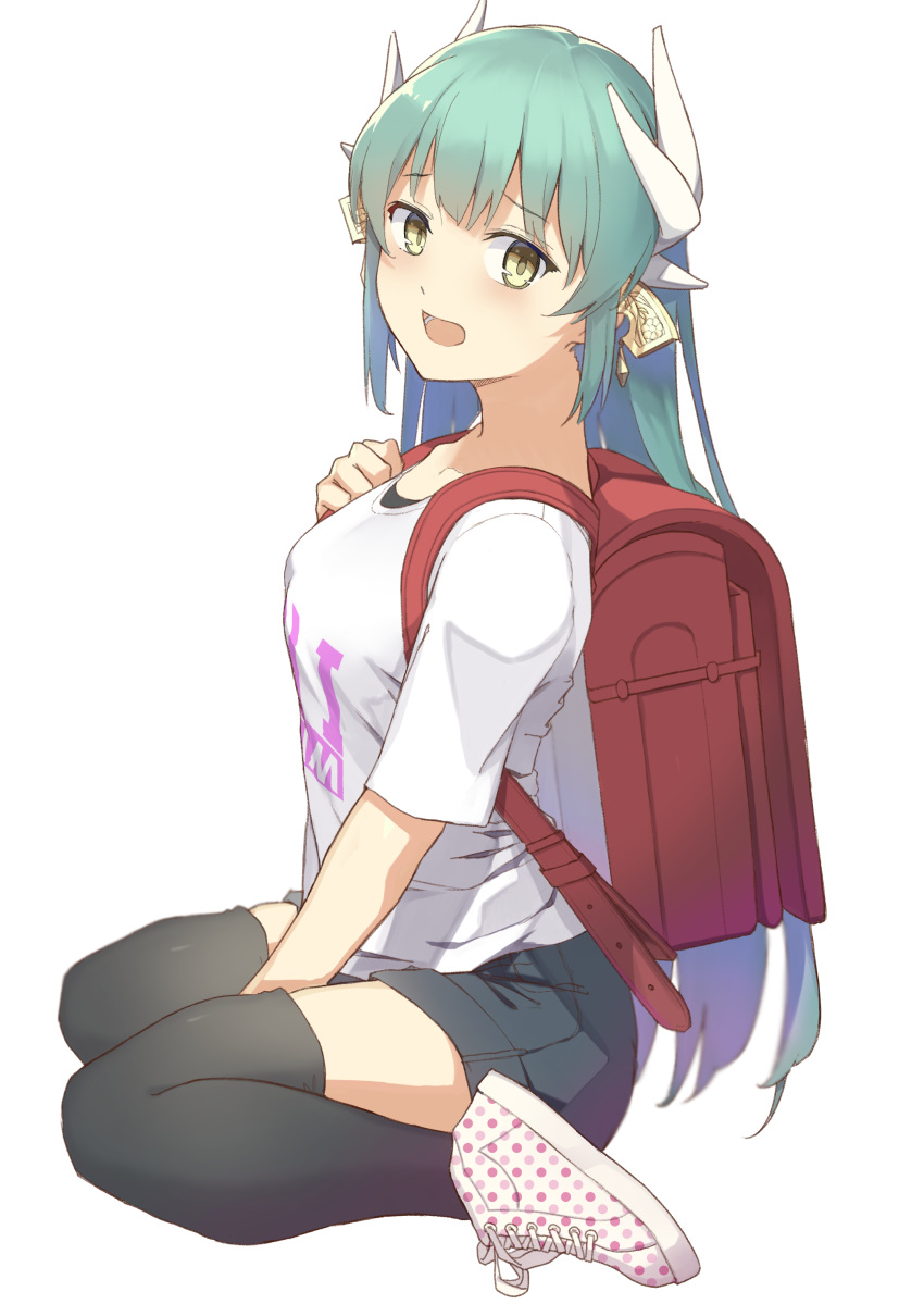 :d absurdres alternate_costume aqua_hair backpack bag bangs between_legs black_legwear black_shorts blush breasts casual clothes_writing commentary_request eyebrows_visible_through_hair fate/grand_order fate_(series) from_side hand_between_legs highres horns kiyohime_(fate/grand_order) long_hair looking_at_viewer looking_to_the_side medium_breasts open_mouth polka_dot_footwear randoseru shirt shoes short_shorts short_sleeves shorts simple_background sitting smile solo straight_hair thighhighs unmoving_pattern very_long_hair wariza white_background white_shirt xkirara39x yellow_eyes