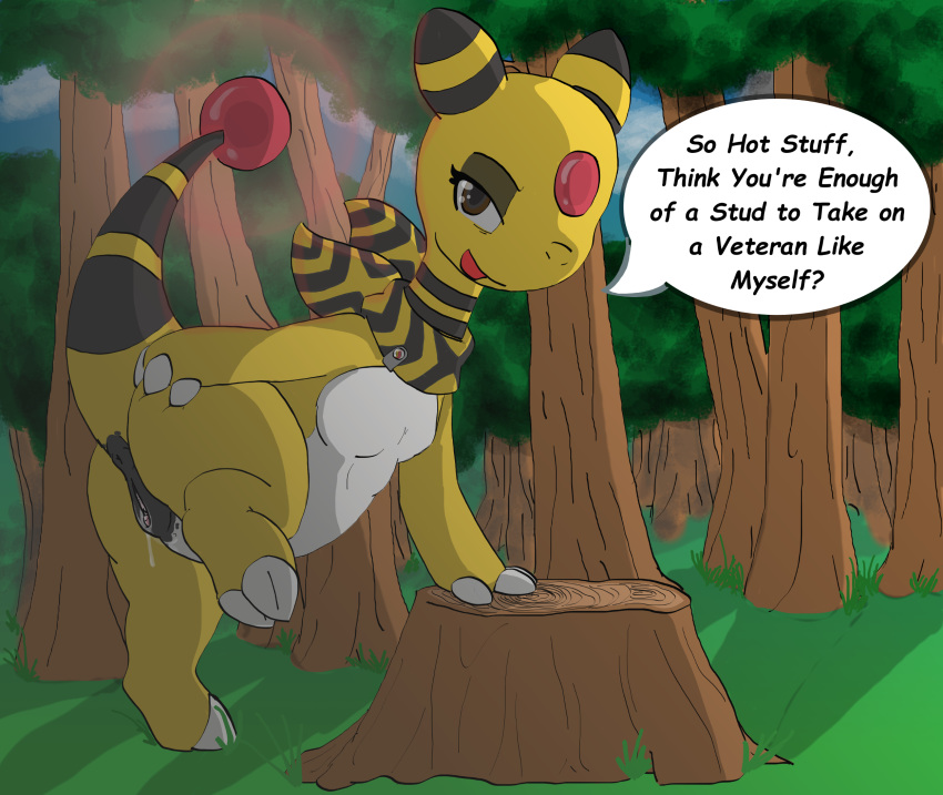 ampharos animal_genitalia anthro anus arcing_light black_stripes breasts brown_eyes claws clitoris clothing cloud female forehead_gem gem glowing grass half-closed_eyes looking_at_viewer looking_back mega_stone nintendo open_mouth outside pok&eacute;mon pok&eacute;mon_(species) pok&eacute;mon_mystery_dungeon presenting presenting_pussy pussy pussy_juice raised_tail scarf shadow sky solo speech_bubble stripes stump text toe_claws tree urethra video_games white_skin yellow_skin