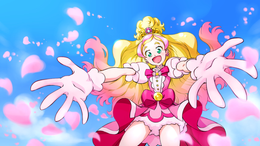 :d blonde_hair blue_background bow cowboy_shot cure_flora earrings gloves go!_princess_precure gradient_hair green_eyes haruno_haruka highres jewelry long_hair looking_at_viewer magical_girl mame_kokurui multicolored_hair open_mouth outstretched_arms outstretched_hand petals pink_bow pink_hair pink_skirt precure puffy_sleeves skirt smile solo spread_arms streaked_hair two-tone_hair white_gloves