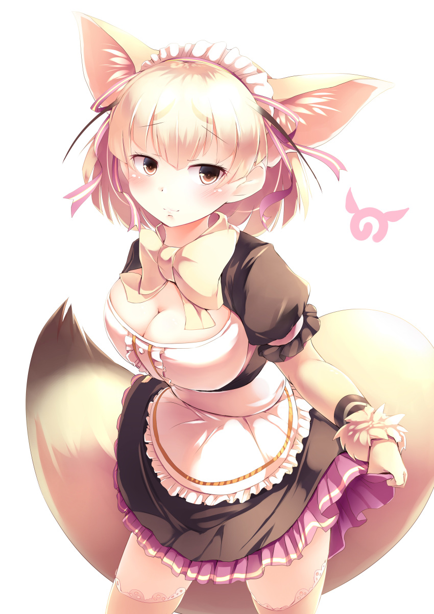 alternate_costume animal_ears apron blonde_hair blush bow bowtie breasts center_frills cleavage commentary curtsey dress enmaided extra_ears eyebrows_visible_through_hair fennec_(kemono_friends) fox_ears fox_tail frilled_dress frills fur_trim highres japari_symbol kanzakietc kemono_friends kemono_friends_festival maid maid_apron maid_headdress multicolored_hair puffy_short_sleeves puffy_sleeves short_hair short_sleeves tail thighhighs zettai_ryouiki