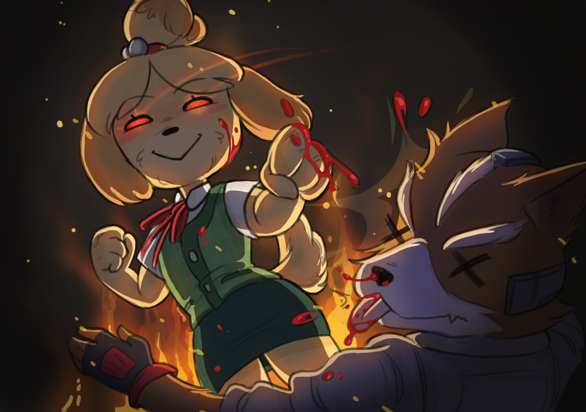 2018 absurd_res animal_crossing anthro black_nose blood brown_fur canine clothing crossover duo female fingerless_gloves fire fox_mccloud fur gloves glowing glowing_eyes hi_res isabelle_(animal_crossing) leviathan_(pixiv) long_ears male mammal nintendo red_eyes smile star_fox tongue tongue_out unconscious video_games violence white_fur yellow_fur