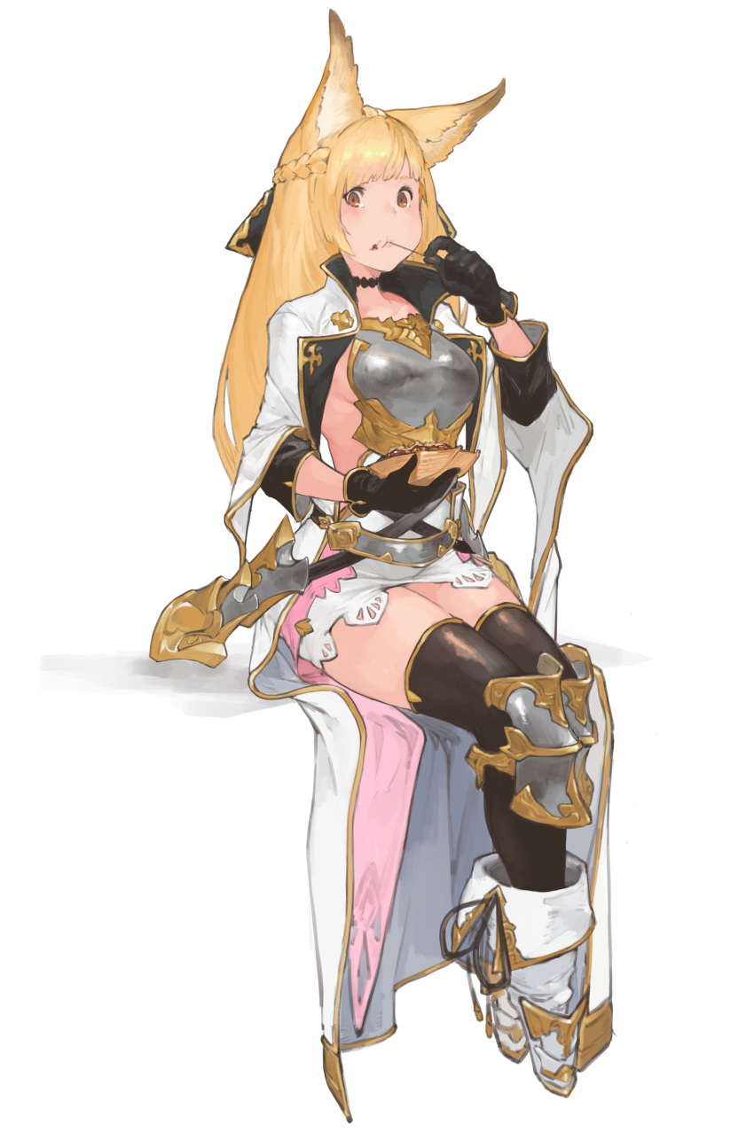 :t absurdres animal_ears armor black_choker black_gloves black_legwear black_ribbon blonde_hair blush boots braid breastplate breasts brown_eyes choker closed_mouth commentary_request eating erune faulds food food_on_face french_braid full_body gloves granblue_fantasy hair_ornament highres holding knee_boots knee_pads long_hair long_sleeves medium_breasts midriff n9+ pink_lips ribbon sideboob simple_background sitting skirt solo straight_hair thighhighs thighs very_long_hair waist_cape white_background white_footwear white_skirt yuisis_(granblue_fantasy) zettai_ryouiki