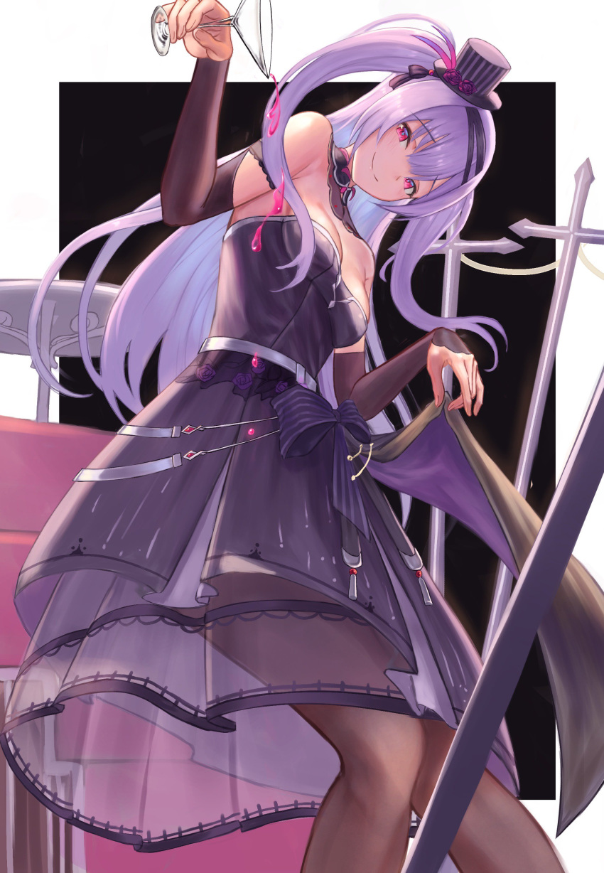 absurdres ajax_(azur_lane) alcohol alternate_costume arm_up azur_lane bangs bare_shoulders black_bow black_dress black_footwear black_hat blush bow breasts bridal_gauntlets brown_legwear cannon commentary_request crossed_legs cup dress dress_lift drinking_glass eyebrows_visible_through_hair floating_hair flower hair_bow hat hat_flower hayataku1234 head_tilt high_heels highres holding holding_cup lifted_by_self long_hair long_sleeves mini_hat mini_top_hat pantyhose pouring purple_eyes purple_flower purple_hair purple_rose rose see-through shoes small_breasts smile stairs standing strapless strapless_dress striped table tilted_headwear top_hat tsurime two_side_up vertical-striped_hat vertical_stripes very_long_hair wine wine_glass