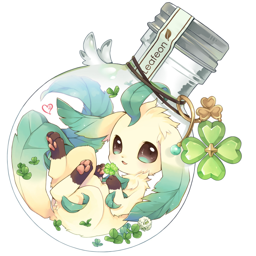 bottle character_name clover commentary_request four-leaf_clover gen_4_pokemon green_eyes heart highres in_bottle in_container leafeon looking_at_viewer no_humans open_mouth pokemon pokemon_(creature) simple_background solo white_background