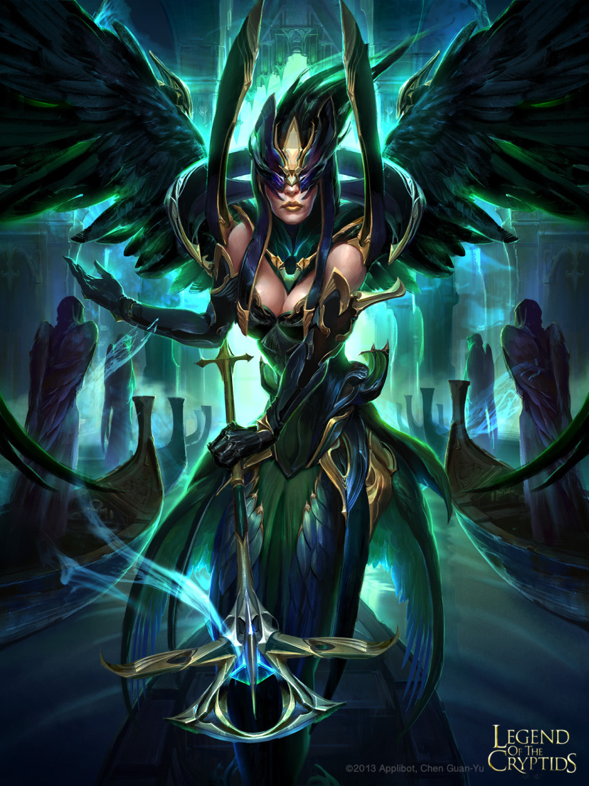 artist_name black_hair boat breasts cleavage copyright_name feathered_wings gloves guan-yu_chen highres legend_of_the_cryptids long_hair magic mask official_art solo staff statue watercraft wings