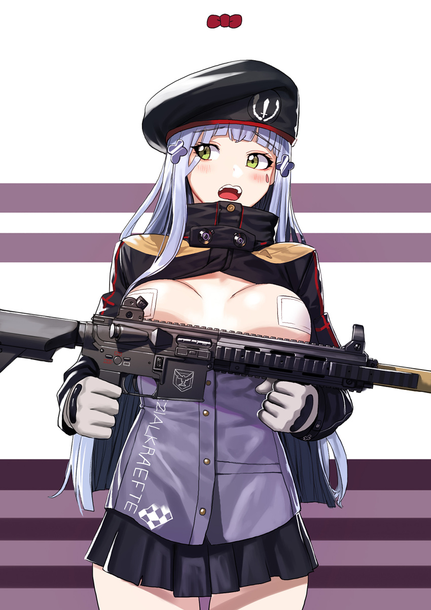ass assault_rifle bangs black_hat black_skirt blue_hair blunt_bangs blush breast_lift breasts breasts_outside clothes_writing commentary_request cowboy_shot emblem eyebrows_visible_through_hair eyes_visible_through_hair facial_mark girls_frontline gloves green_eyes gun hair_ornament hairpin hat heckler_&amp;_koch high_collar highres hk416 hk416_(girls_frontline) holding holding_gun holding_weapon ihobus jacket korean_commentary long_hair long_sleeves miniskirt no_bra open_clothes open_jacket open_mouth pasties pleated_skirt purple_jacket rifle shiny shiny_hair skirt straight_hair striped striped_background thighs upper_teeth weapon white_gloves