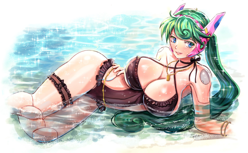 android arm_support bangs black_swimsuit blue_eyes blush bracelet breasts casual_one-piece_swimsuit cleavage commentary_request frilled_swimsuit frills green_hair headgear huge_breasts jewelry kiwakiwa lips long_hair looking_at_viewer lying marino necklace on_side one-piece_swimsuit parted_lips partially_submerged ponytail robot_joints rockman rockman_x rockman_x_command_mission smile solo sparkle swimsuit thigh_strap water