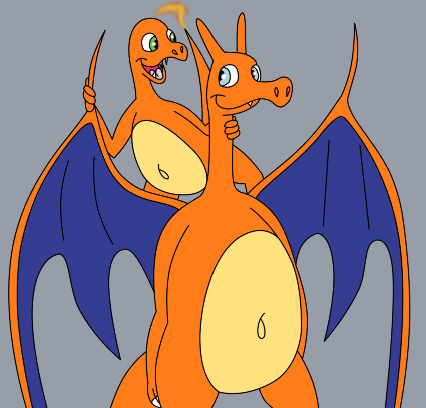 ambiguous_gender anthro charizard charmander cute dragon duo fire grey_background lizard nintendo nude pok&eacute;mon pok&eacute;mon_(species) reptile scalie simple_background size_difference video_games