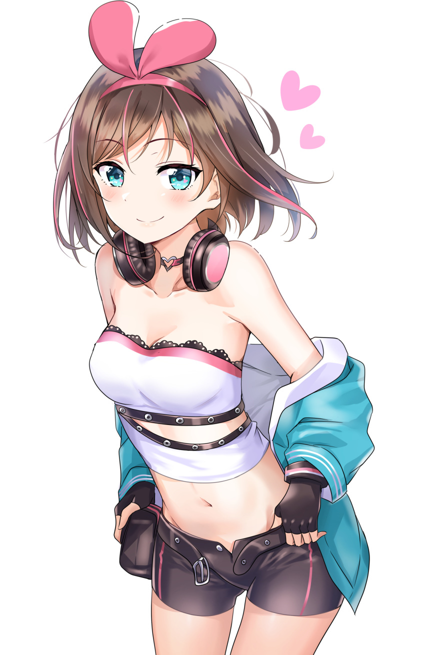 a.i._channel absurdres alternate_costume alternate_hairstyle aqua_eyes bare_shoulders belt blush breasts brown_hair choker cleavage cowboy_shot fingerless_gloves gloves hairband half-closed_eyes headphones heart heart_choker highres jacket kizuna_ai leaning_forward medium_breasts midriff multicolored_hair navel off_shoulder open_clothes pink_hair pouch short_hair short_shorts shorts simple_background smile solo strapless streaked_hair sunhyun virtual_youtuber white_background