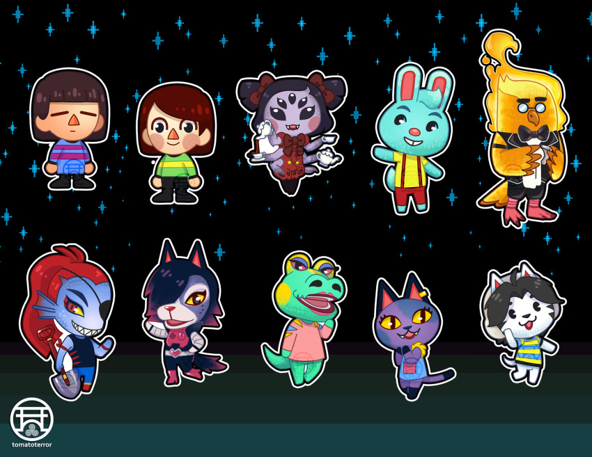 alligator animal_crossing anthro arachnid arthropod avian bird bottomless bratty_(undertale) canine cat catty_(undertale) chara_(undertale) clothed clothing crocodilian elemental eye_patch eyewear feline female fire_elemental fish fully_clothed grillby human lagomorph male mammal marine mettaton muffet nicecream_man nintendo pigeon protagonist_(undertale) rabbit reptile scalie shovel spider temmie_(undertale) tomatoterror undertale undyne video_games wolf