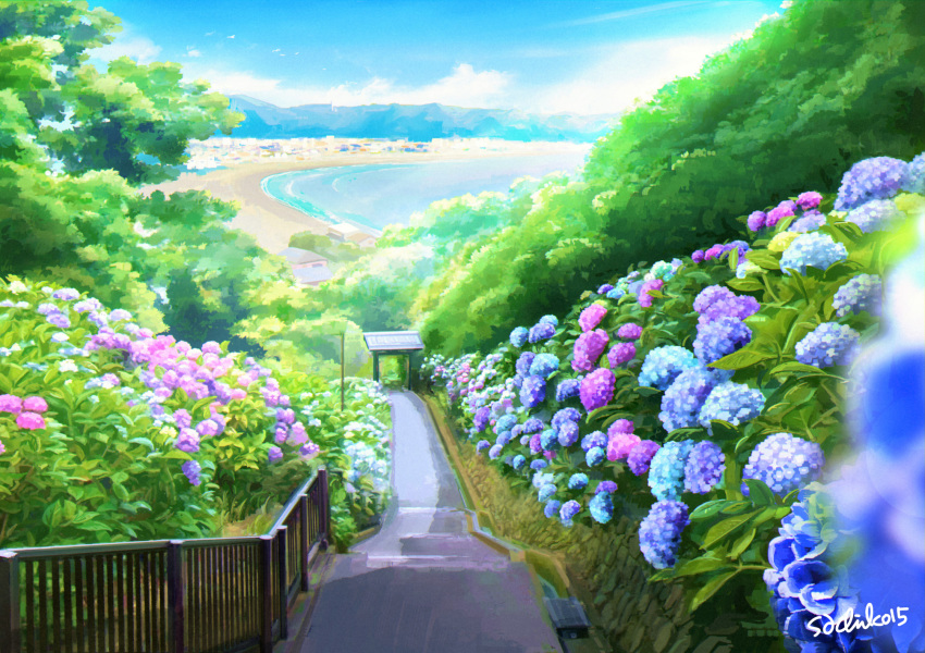 bad_id bad_pixiv_id beach blue_sky blurry bush commentary_request day depth_of_field flower foliage highres house hydrangea landscape mountain no_humans ocean original outdoors railing sachiko15 scenery signature sky stairs tree