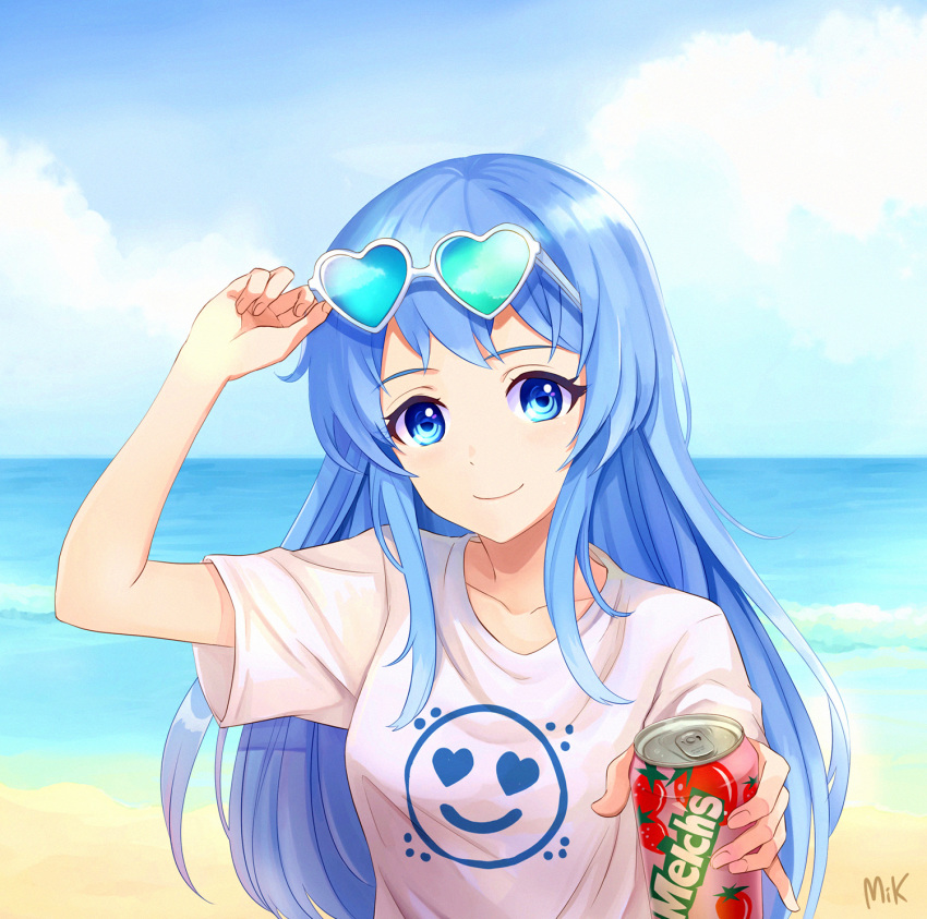 beach blue_eyes blue_hair blush brand_name_imitation breasts closed_mouth collarbone day eyebrows_visible_through_hair eyewear_on_head heart heart-shaped_eyewear highres long_hair looking_at_viewer medium_breasts mikmix ocean original outdoors signature smile solo summer sunglasses