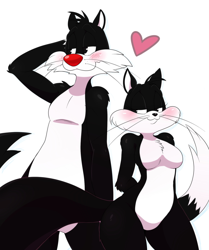 &lt;3 anthro blush breasts cat chest_tuft cute duo featureless_breasts feline female fur hi_res looney_tunes male mammal nude penelope_pussycat sssonic2 sylvester tuft warner_brothers whiskers
