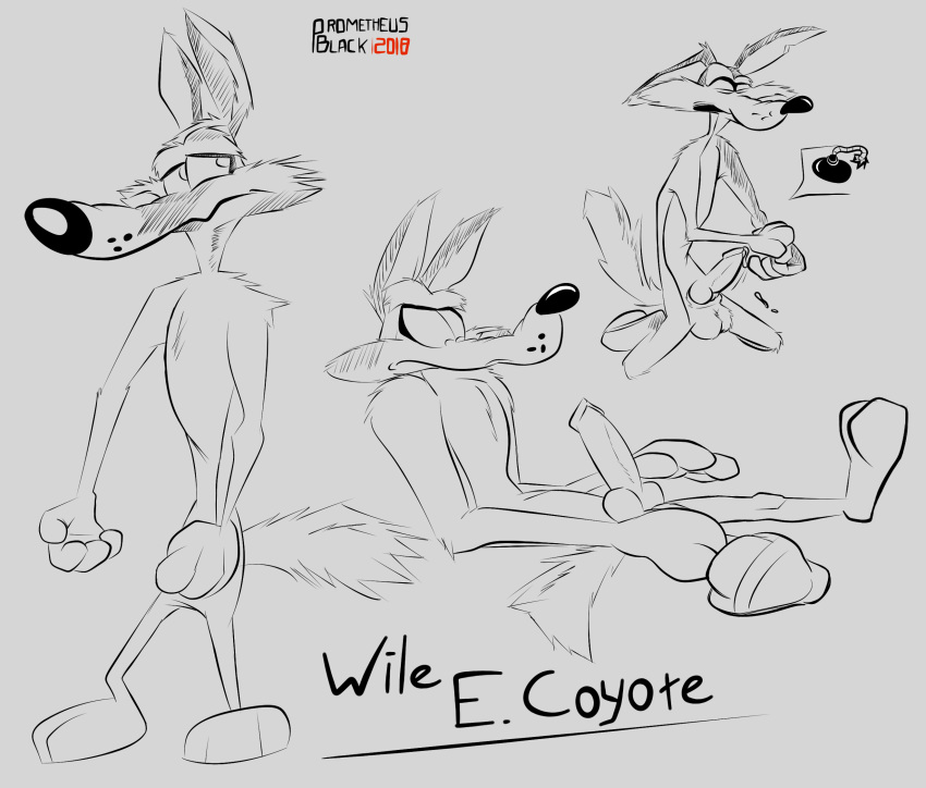 2018 animal_genitalia animal_penis anthro balls canine coyote cum digital_media_(artwork) erection fur looney_tunes male mammal nude open_mouth penis prometheusblack simple_background solo toony warner_brothers wile_e._coyote