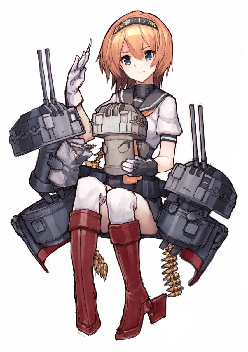 air_qh bag boots bullet chou-10cm-hou-chan_(teruzuki's) clothes_writing corset gloves grey_sailor_collar hachimaki hair_between_eyes hand_up headband highres holding invisible_chair kantai_collection knee_boots light_brown_hair orange_neckwear over-kneehighs red_footwear rigging rudder_shoes sailor_collar short_sleeves simple_background sitting teruzuki_(kantai_collection) thighhighs turret white_background white_legwear