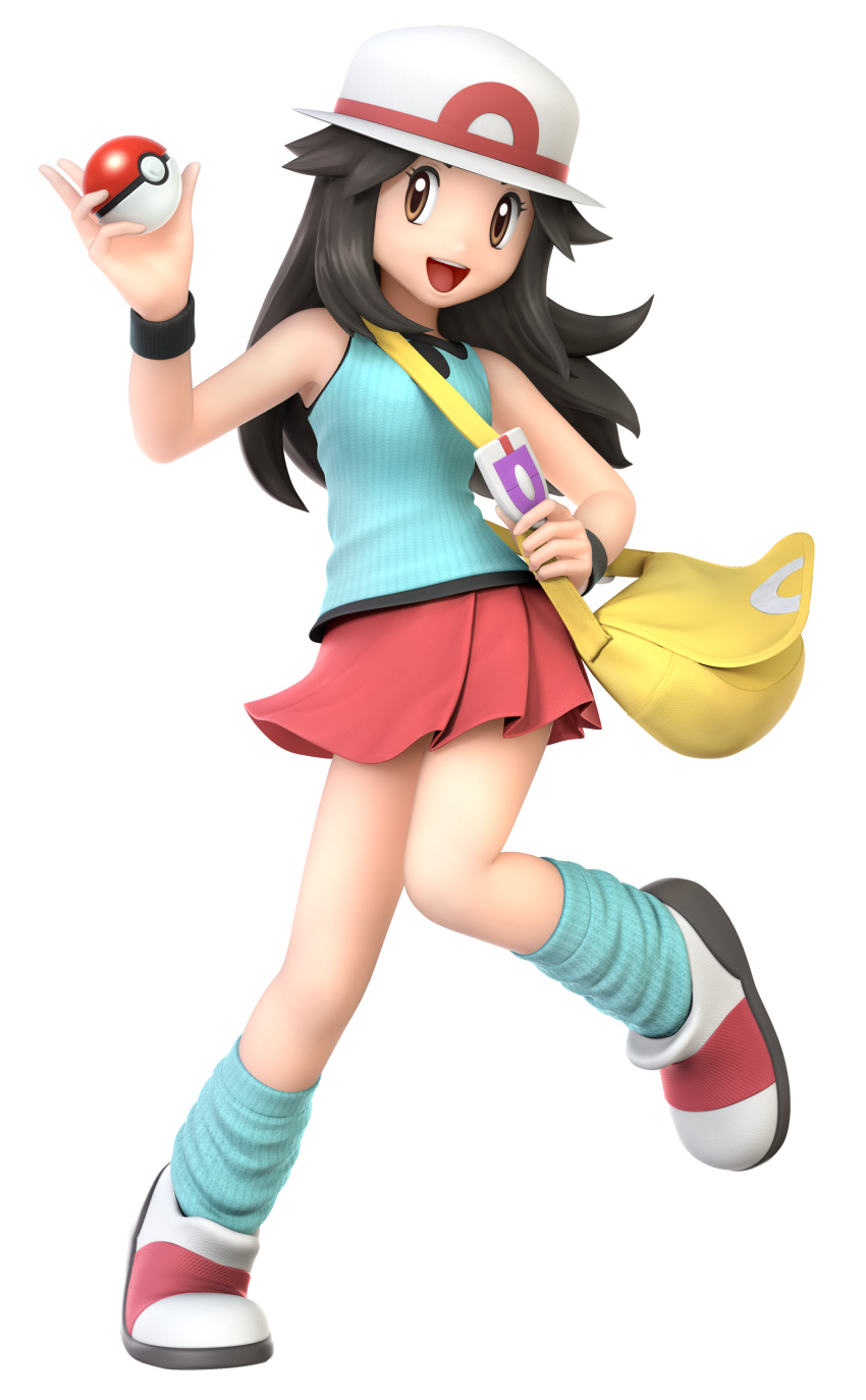 1girl bag blue_(pokemon) blue_tank_top brown_hair creatures_(company) game_freak hat leg_warmers long_hair looking_at_viewer nintendo official_art open_mouth poke_ball pokemon pokemon_(game) pokemon_frlg pose shell shoes skirt sleeveless smile sneakers solo super_smash_bros. super_smash_bros_ultimate tank_top transparent_background