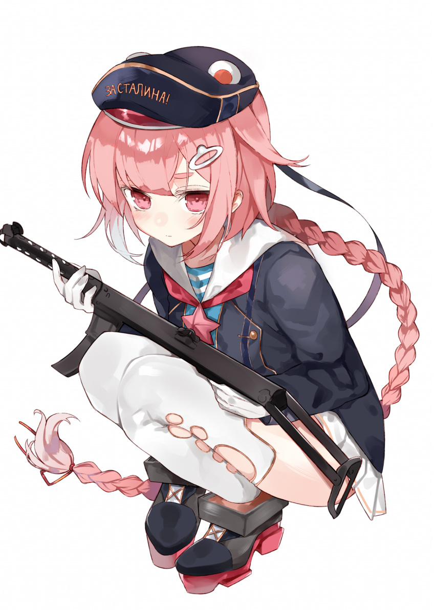 animal_hat bangs blush braid clothes_writing commentary full_body girls_frontline gloves gun hair_ornament hair_ribbon hairclip hasegawa_(rarairairai) hat highres holding holding_gun holding_weapon jacket long_hair long_sleeves looking_at_viewer pink_eyes pink_hair pleated_skirt pps-43 pps-43_(girls_frontline) ribbon sailor_collar sailor_hat shoes simple_background single_braid skirt solo squatting star submachine_gun thighhighs very_long_hair weapon white_background white_gloves white_legwear