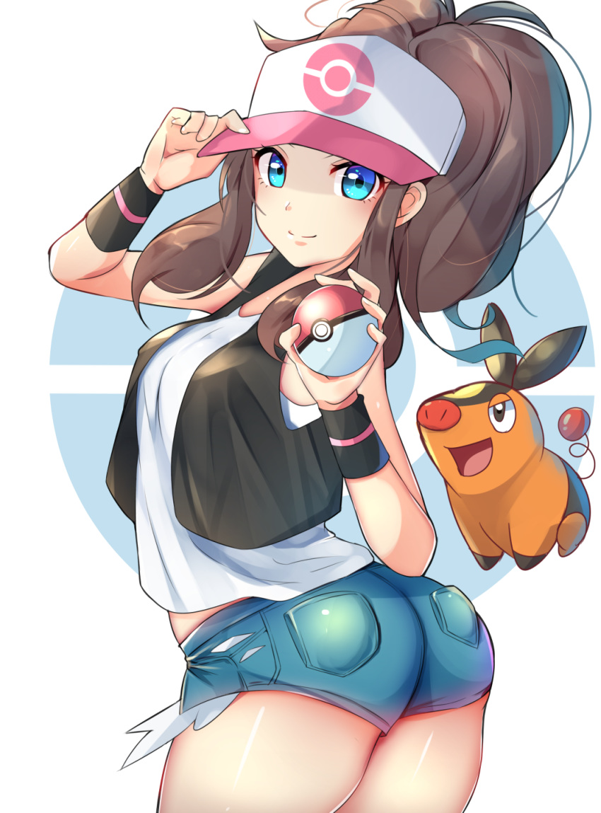 ass baseball_cap blue_eyes breasts brown_hair cowboy_shot denim denim_shorts from_side half-closed_eyes hat hat_tip highres looking_at_viewer looking_back poke_ball pokemon pokemon_(creature) pokemon_(game) pokemon_bw ponytail racket_ti1 short_shorts shorts simple_background smile solo tank_top tepig touko_(pokemon) vest white_background wristband