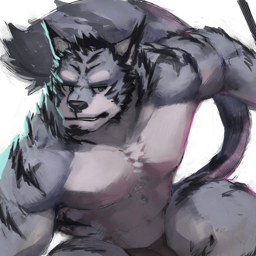 2018 absurd_res anthro biceps clothed clothing dust_yang feline fur hair hi_res male mammal muscular muscular_male pecs topless