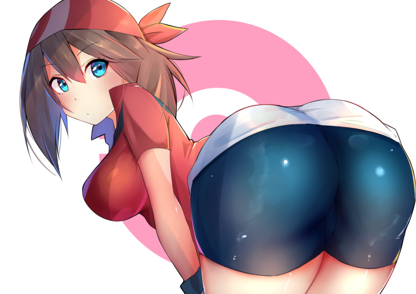 ass bandages bent_over bike_shorts blue_eyes blush breasts brown_hair flipped_hair haruka_(pokemon) large_breasts looking_at_viewer pokemon pokemon_(game) pokemon_rse racket_ti1 short_sleeves simple_background solo white_background