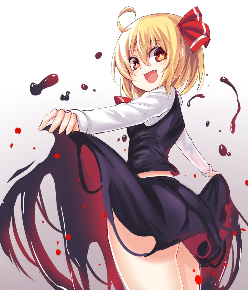 :d ahoge ascot ass bangs black_skirt black_vest blonde_hair blush breasts commentary_request cowboy_shot eyebrows_visible_through_hair fang from_behind gradient gradient_background grey_background hair_between_eyes hair_ribbon highres koissa lifted_by_self long_sleeves looking_at_viewer looking_back midriff_peek open_mouth red_eyes red_neckwear red_ribbon ribbon rumia shirt short_hair skirt small_breasts smile solo standing thighs touhou vest white_background white_shirt