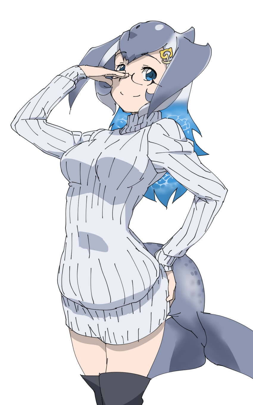 anchor_hair_ornament aqua_hair blowhole blue_whale_(kemono_friends) boots commentary_request cowboy_shot dress eyebrows_visible_through_hair glasses grey_hair hair_ornament hand_on_eyewear hand_on_hip highres kemono_friends long_hair long_sleeves multicolored_hair smile solo sweater sweater_dress tanabe_(fueisei) thigh_boots thighhighs turtleneck whale_tail_(animal_tail) white_hair