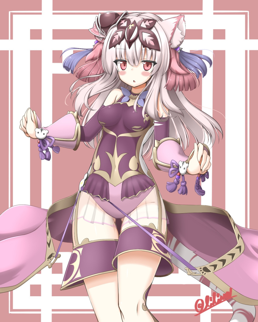 animal_ears artist_name ass_visible_through_thighs bangs bare_shoulders blush breasts covered_navel eyebrows_visible_through_hair hair_ornament haku_(p&amp;d) highleg highres leotard lilium0235 long_hair multicolored_hair open_mouth pink_background puzzle_&amp;_dragons red_eyes signature skin_tight solo tail thigh_gap tiger_ears tiger_tail white_hair