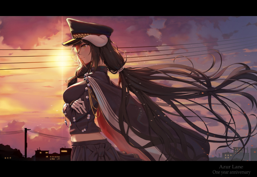 5555_96 alternate_costume arms_under_breasts azur_lane bangs black_hair breasts cape cityscape closed_mouth commentary_request epaulettes floating_hair from_side gloves hair_between_eyes hat highres horns jacket letterboxed light_particles long_hair long_sleeves looking_afar medium_breasts midriff mikasa_(azur_lane) military military_uniform power_lines sidelocks skirt solo sunset uniform white_gloves wind wind_lift