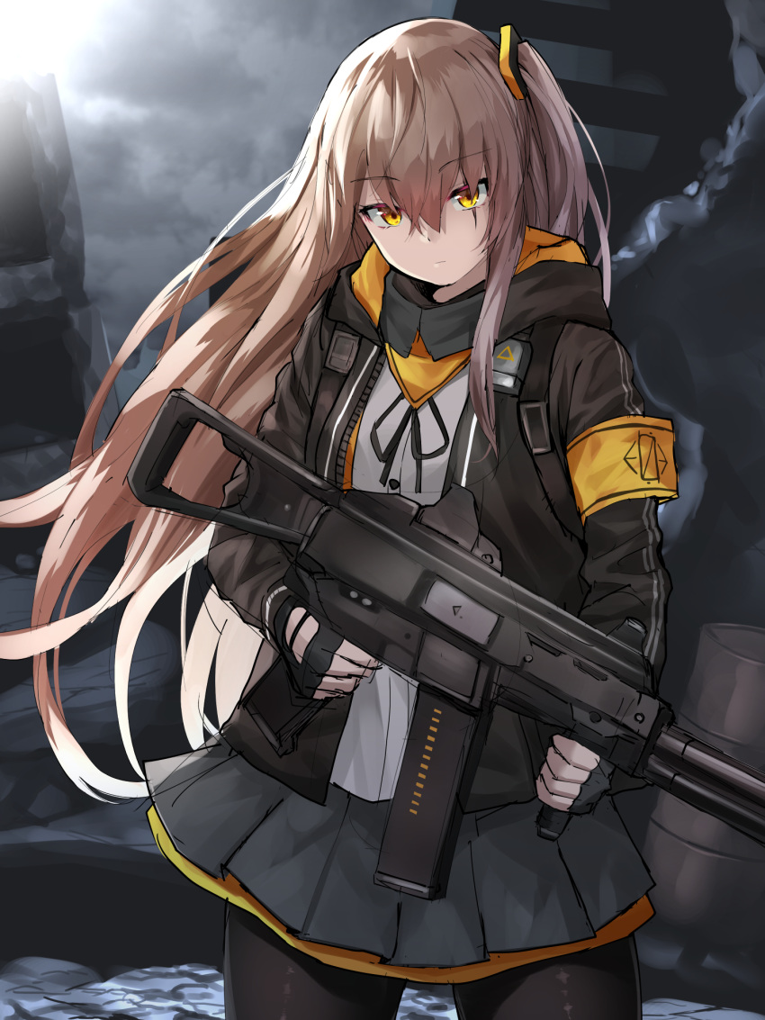 black_legwear brown_hair commentary_request fingerless_gloves girls_frontline gloves gun h&amp;k_ump h&amp;k_ump45 heckler_&amp;_koch highres hood hooded_jacket jacket long_hair oekakizuki pantyhose pleated_skirt scar scar_across_eye side_ponytail skirt submachine_gun ump45_(girls_frontline) weapon yellow_eyes