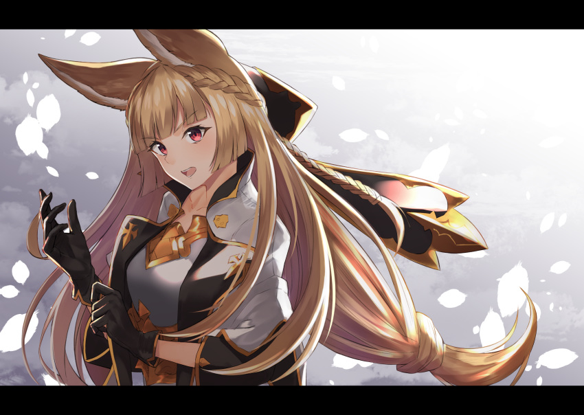 animal_ears bangs black_gloves blonde_hair blunt_bangs blush braid breastplate breasts coat collarbone commentary_request erune gen_(gen_7254) gloves granblue_fantasy hair_ornament highres large_breasts long_hair looking_at_viewer low-tied_long_hair open_clothes open_coat open_mouth red_eyes solo very_long_hair white_coat yuisis_(granblue_fantasy)