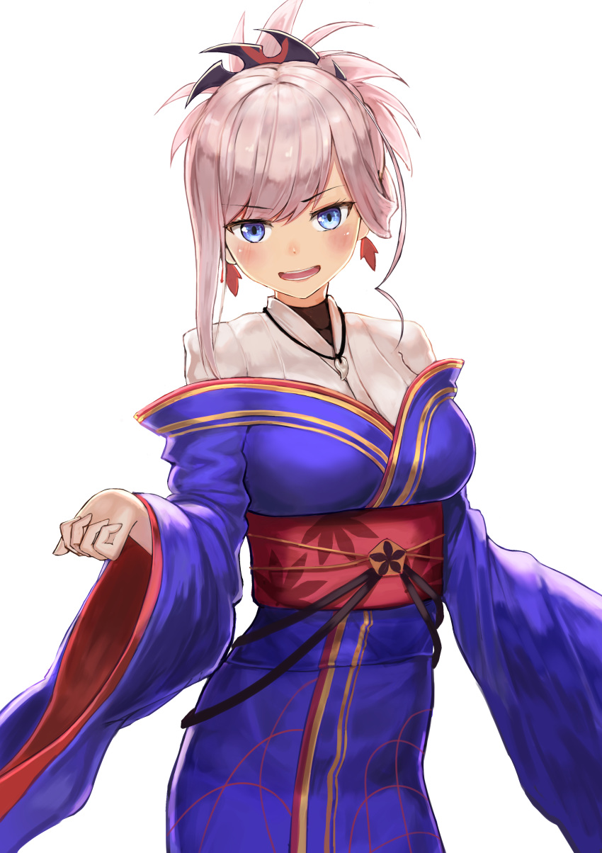 absurdres bangs blue_eyes blue_kimono blush breasts commentary_request cowboy_shot earrings eyebrows_visible_through_hair fate/grand_order fate_(series) highres hoshibudou japanese_clothes jewelry kimono leaf_print long_sleeves looking_at_viewer medium_breasts miyamoto_musashi_(fate/grand_order) necklace obi open_mouth pendant pink_hair ponytail sash shirt short_hair simple_background single_sidelock solo swept_bangs teeth underbust v-shaped_eyebrows white_background white_shirt wide_sleeves