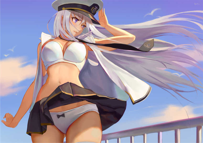 ass_visible_through_thighs azur_lane black_bow blue_eyes blue_sky bow bow_panties bra breasts cleavage cloud commentary day enterprise_(azur_lane) hat jacket kamikakushi_no_ocarino long_hair navel necktie open_clothes open_jacket panties pantyshot pantyshot_(standing) sky solo standing underwear white_bra white_hair white_panties