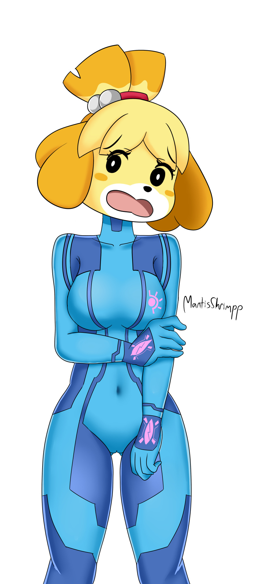 animal_crossing anthro blonde_hair blush blush_stickers bodysuit breasts camel_toe canine clothing collarbone cosplay crossover dog eyebrows_visible_through_hair female fur hair isabelle_(animal_crossing) mammal mantisshrimpp metroid navel nintendo open_mouth shih_tzu short_hair simple_background skinsuit solo standing super_smash_bros tied_hair tight_clothing topknot video_games white_background yellow_fur zero_suit