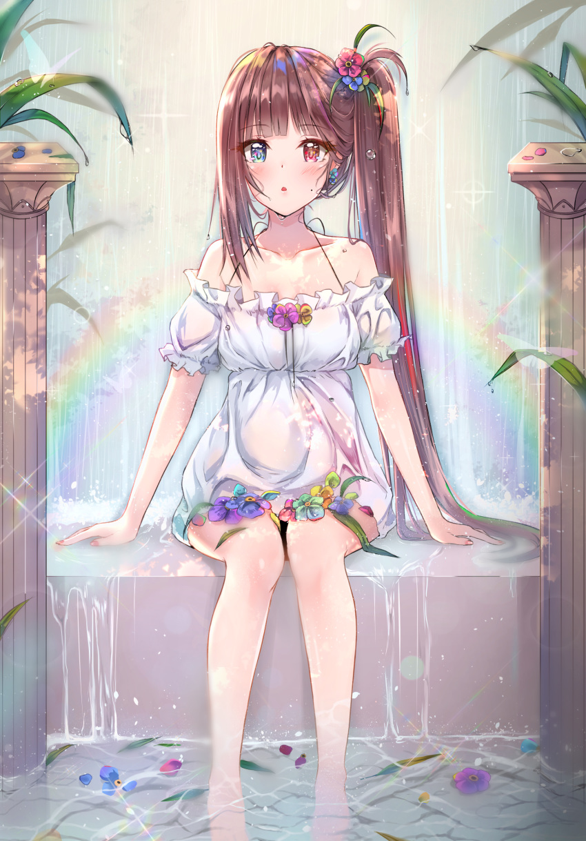 :o absurdres arm_support bangs bare_shoulders blue_eyes blunt_bangs blush breasts brown_hair commentary_request cuna_(qunya) dress earrings eyebrows_visible_through_hair fingernails flower hair_flower hair_ornament heterochromia highres jewelry long_hair looking_at_viewer mole mole_on_cheek multicolored_hair nail_polish open_mouth original petals plant rainbow red_eyes short_dress sidelocks sitting small_breasts solo sparkle water water_drop water_surface wet white_dress