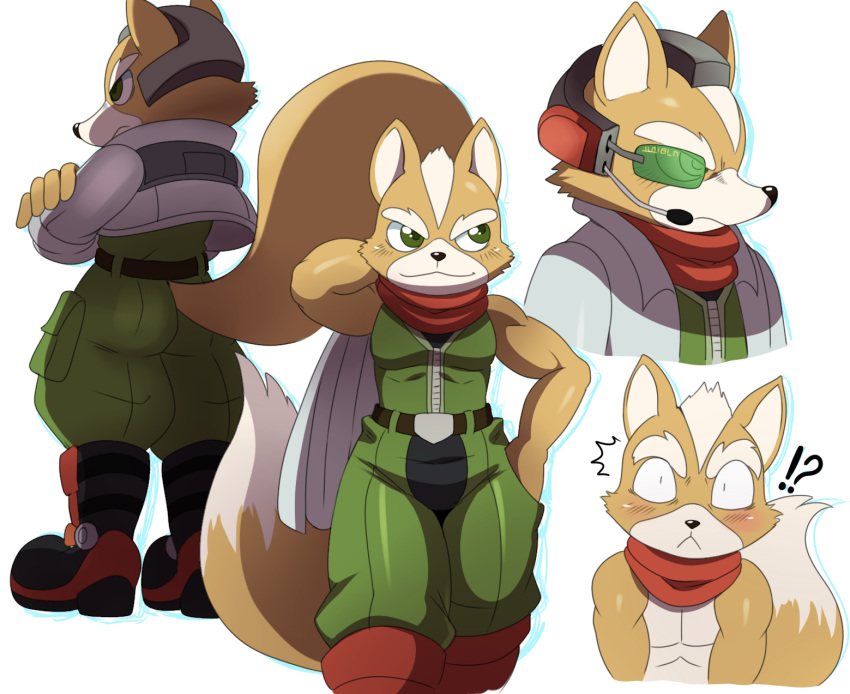 anthro athletic belt biceps black_nose blush boots brown_fur canine clothed clothing crossed_arms flexing footwear fox fox_mccloud fur green_eyes hair hand_behind_head headwear jacket jumpsuit kemono looking_at_viewer male mammal microphone model_sheet muscular nintendo pants pecs pose scarf shirt simple_background smile solo sssonic2 standing star_fox suit tan_fur topless video_games white_background white_fur white_hair wide_hips