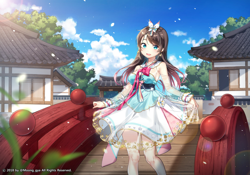 :d absurdres bad_revision bare_shoulders blue_eyes blue_sky blurry blurry_foreground blush breasts bridge brown_hair building cloud commentary day depth_of_field downscaled_revision hanbok head_tilt highres huge_filesize korean_clothes long_hair looking_at_viewer md5_mismatch medium_breasts moong_gya open_mouth original outdoors petals pleated_skirt round_teeth see-through skirt skirt_hold sky smile solo standing symbol_commentary teeth upper_teeth very_long_hair white_skirt