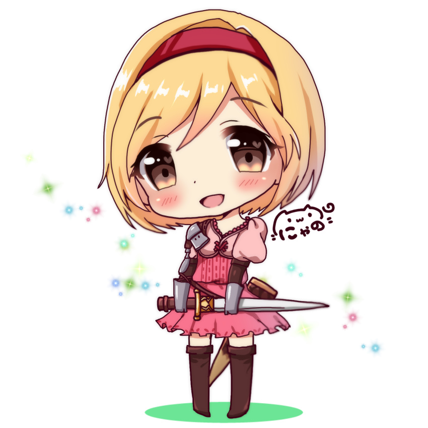 :d bangs blonde_hair blush boots brown_eyes brown_footwear brown_legwear chibi commentary_request djeeta_(granblue_fantasy) eyebrows_visible_through_hair full_body gauntlets hair_between_eyes hairband head_tilt highres holding holding_sword holding_weapon looking_at_viewer md5_mismatch nyano21 open_mouth pink_shirt pink_skirt pleated_skirt princess_connect! princess_connect!_re:dive puffy_short_sleeves puffy_sleeves red_hairband shirt short_hair short_sleeves signature skirt smile solo sparkle sword thigh_boots thighhighs weapon white_background