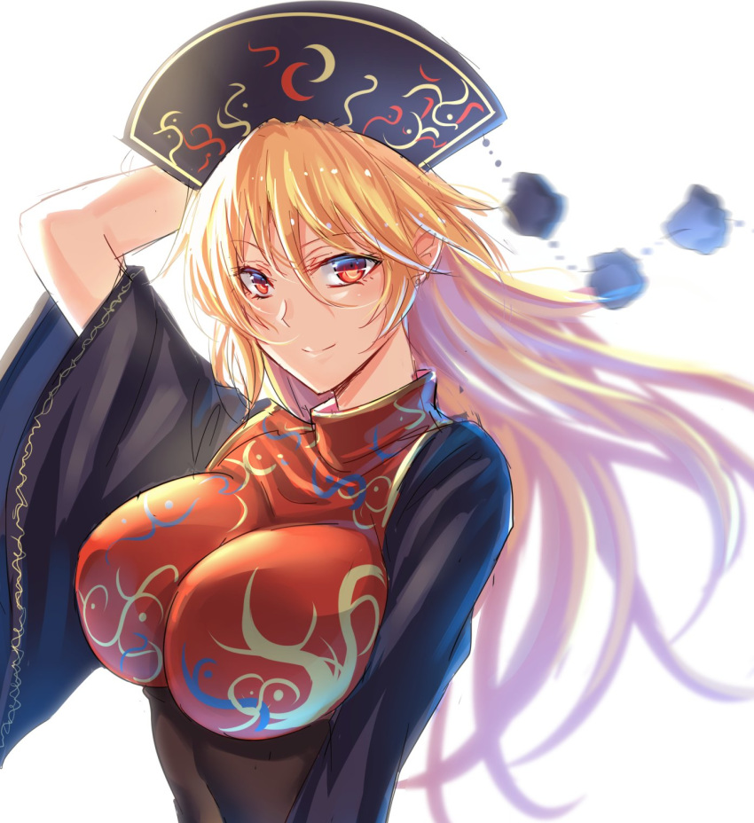 arm_up bangs black_dress blonde_hair breasts commentary_request dress ear_piercing eyebrows_visible_through_hair hair_between_eyes hand_behind_head headdress highres junko_(touhou) koissa large_breasts long_hair long_sleeves looking_at_viewer piercing pom_pom_(clothes) red_eyes simple_background sketch smile solo tabard tassel touhou upper_body white_background wide_sleeves