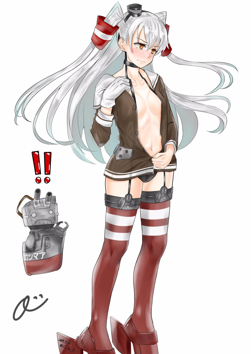 amatsukaze_(kantai_collection) black_panties breasts brown_dress brown_eyes c-da commentary_request dress garter_straps gloves hair_tubes hat highres kantai_collection long_hair mini_hat open_clothes panties red_legwear rensouhou-kun sailor_dress short_dress silver_hair simple_background single_glove small_breasts standing striped striped_legwear thighhighs two_side_up underwear white_background white_gloves windsock
