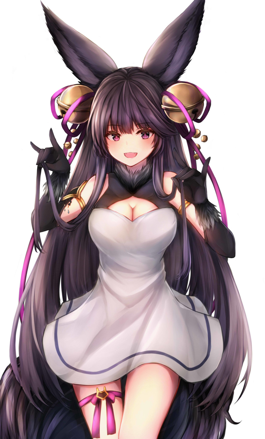 absurdres animal_ears bell black_gloves black_hair blush breasts cleavage elbow_gloves eyebrows_visible_through_hair gloves granblue_fantasy hair_bell hair_ornament highres large_breasts long_hair looking_at_viewer open_mouth purple_eyes smile solo very_long_hair ym_(distance819) yuel_(granblue_fantasy)