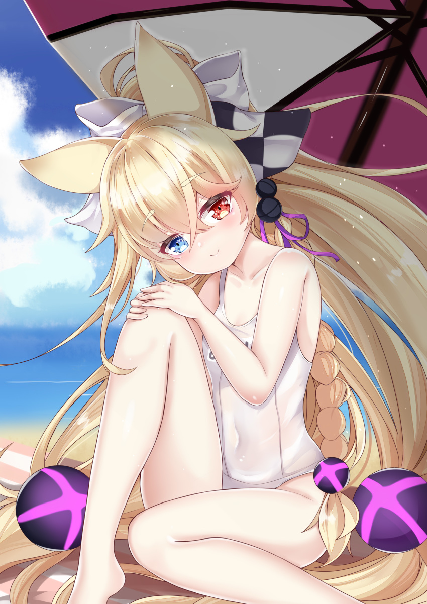 absurdres animal_ears bangs bare_arms bare_legs bare_shoulders barefoot beach_umbrella blonde_hair blue_eyes blue_sky blush bow braid breasts cat_ears checkered checkered_bow closed_mouth cloud cloudy_sky collarbone commentary_request day eyebrows_visible_through_hair feet_out_of_frame g41_(girls_frontline) girls_frontline hair_between_eyes hair_bow hair_ornament hair_ribbon hands_on_own_knee head_tilt heterochromia highres horizon ju_(a793391187) long_hair md5_mismatch name_tag ocean one-piece_swimsuit outdoors purple_ribbon red_eyes ribbon school_swimsuit sitting sky small_breasts smile solo swimsuit umbrella very_long_hair water white_bow white_school_swimsuit white_swimsuit