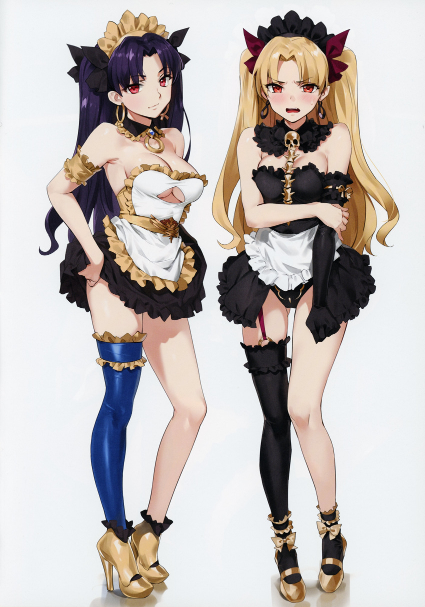absurdres alternate_costume apron arm_under_breasts ass_visible_through_thighs asymmetrical_legwear bangs black_dress black_leotard blonde_hair blush breasts cleavage dress earrings embarrassed enmaided ereshkigal_(fate/grand_order) fate/grand_order fate_(series) gold_trim grey_background hair_ribbon highres hoop_earrings infinity ishtar_(fate/grand_order) jewelry leotard long_hair maid maid_apron maid_headdress multiple_girls open_mouth orange_maru panties parted_bangs red_eyes reflection ribbon scan simple_background single_sleeve single_thighhigh skull smile spine thighhighs tiara two_side_up underboob_cutout underwear waist_apron yang-do