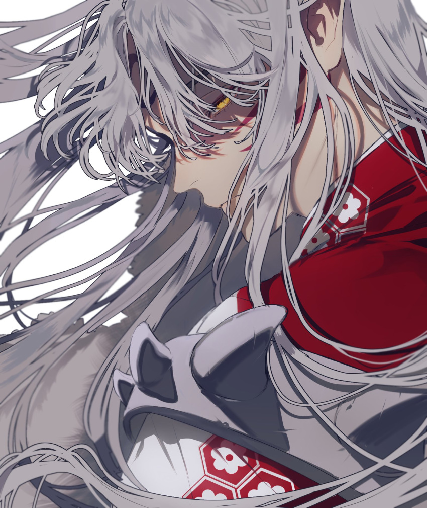 bangs closed_mouth commentary_request facial_mark forehead_mark from_side highres inuyasha japanese_clothes korean_commentary long_hair looking_at_viewer mgmg_1012 pointy_ears profile sesshoumaru silver_hair solo yellow_eyes