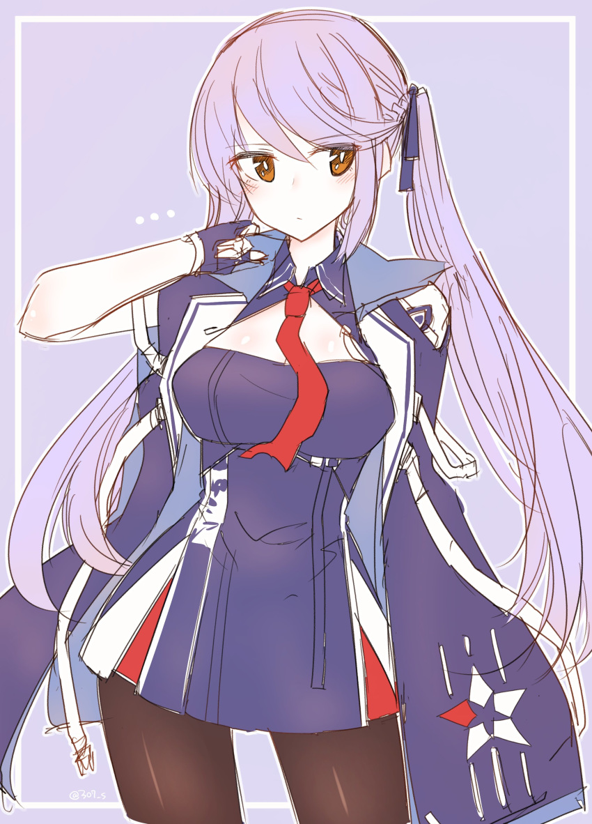 absurdres azur_lane black_legwear blue_cloak blue_gloves blue_hair blue_jacket blush braid breasts brown_eyes cleavage collared_jacket commentary essex_(azur_lane) eyebrows_visible_through_hair fingerless_gloves french_braid gloves hair_ribbon highres jacket long_hair looking_at_viewer necktie o_h_miona pantyhose red_neckwear ribbon simple_background sketch solo star star_print twintails twitter_username very_long_hair