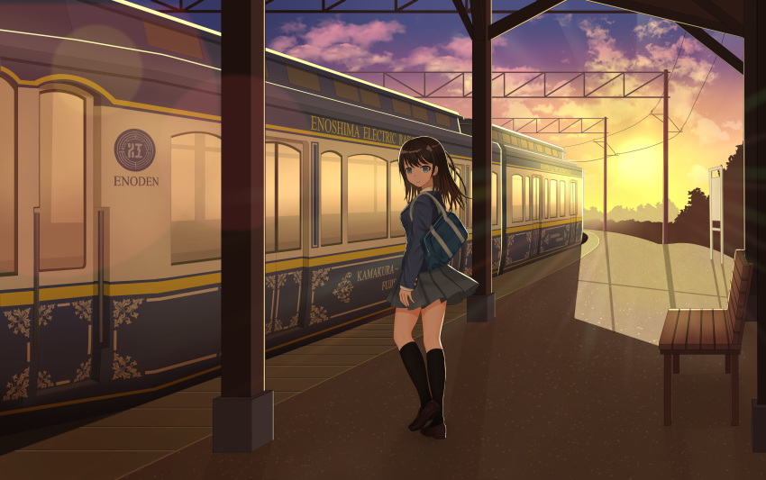 absurdres bad_id bad_pixiv_id bag bangs bench biako black_legwear blazer blue_jacket blue_skirt blush brown_footwear brown_hair closed_mouth cloud cloudy_sky evening eyebrows_visible_through_hair gradient_sky green_eyes grey_skirt ground_vehicle highres jacket kneehighs loafers long_hair looking_at_viewer looking_back original outdoors pleated_skirt scenery school_bag school_uniform shoe_soles shoes skirt sky smile solo standing standing_on_one_leg sun sunlight sunset thighs train train_station yellow_sky