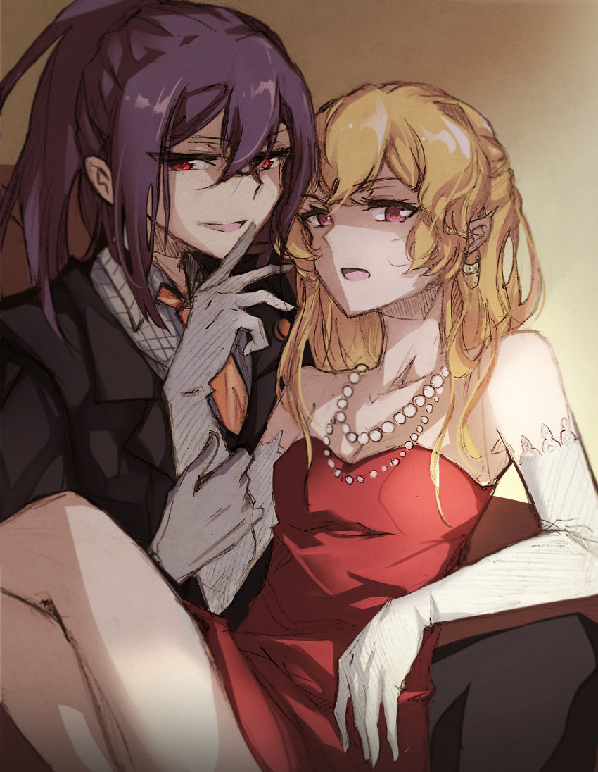 alice_(bzone4) bang_dream! bangs bare_shoulders blonde_hair commentary couple crossed_legs dress elbow_gloves formal gloves half-closed_eyes half_updo hatching_(texture) highres imminent_kiss jewelry long_hair looking_at_viewer mafia multiple_girls necklace necktie open_mouth pearl_necklace ponytail purple_eyes purple_hair red_dress red_eyes seta_kaoru shirasagi_chisato sitting sitting_on_lap sitting_on_person sketch suit white_gloves yuri