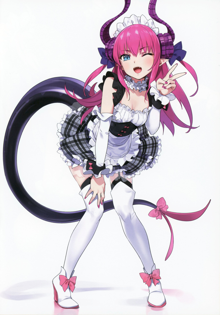 ;d absurdres alternate_costume asymmetrical_horns bent_over boots bow breasts choker cleavage corset curled_horns detached_sleeves dragon_girl dragon_horns dragon_tail dress elizabeth_bathory_(fate) elizabeth_bathory_(fate)_(all) enmaided fangs fate/grand_order fate_(series) frilled_dress frills garter_straps grey_background hand_on_own_knee high_heels highres horns knees_together_feet_apart long_hair looking_at_viewer maid maid_headdress nail_polish one_eye_closed open_mouth pink_bow pink_hair plaid plaid_skirt pointy_ears scan skirt small_breasts smile tail tail_bow thigh_boots thighhighs v white_sleeves yang-do